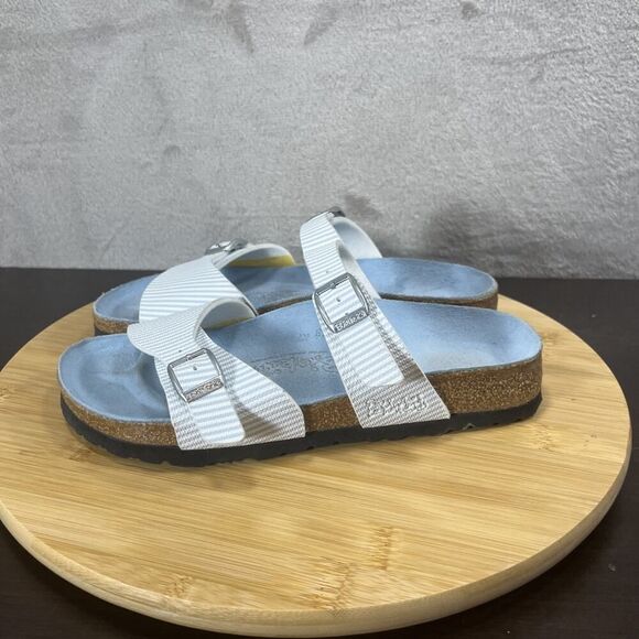 Birkenstock Birkis Sydney Womens Size 5 Blue White Striped Birko Flor Sandals - Picture 3 of 8